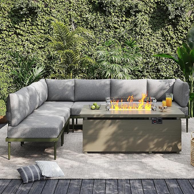 Sundale Outdoor 7 Pieces Patio Furniture Set with Fire Pit Table, L-Shaped Outdoor Sectional Sofa with 6 Inch Olefin Cushion, All-Weather Modern Metal Outdoor Conversation Sets (6 Seats,Green Frame)