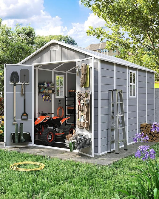 Amopatio 10x8 FT Storage Shed, Resin Shed with Floor Included, Plastic Sheds Outdoor Storage for Bike, Garden Tools, Sheds & Outdoor Storage with Lockable Door, Window & Vents, Grey & White