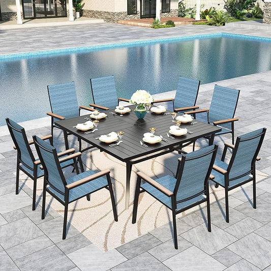 Sophia & William Patio Dining Set for 8, Lightweight Aluminum Outdoor Dining Chairs and Large Square Metal Table, Stackable Chairs and Easy to Move for Lawn Garden Yard (Blue)