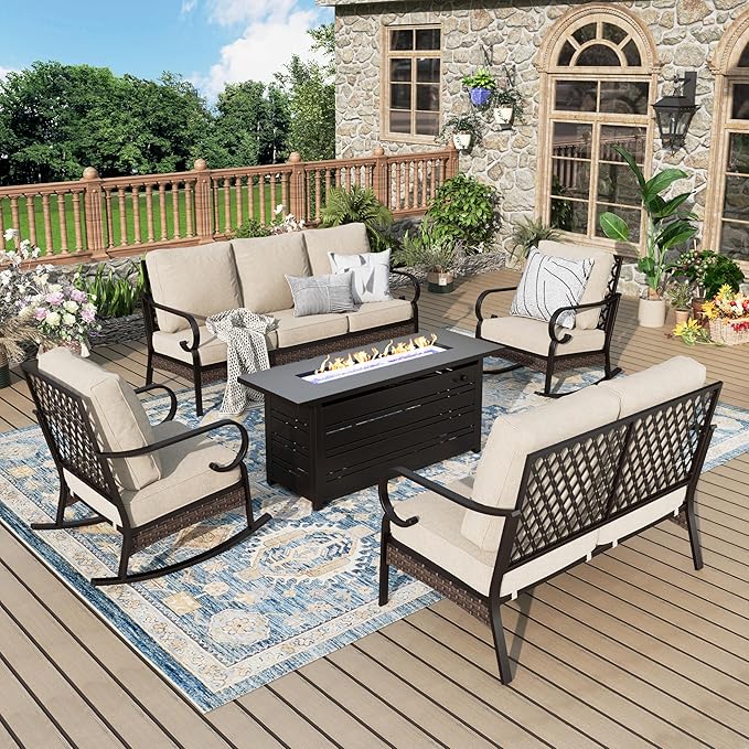 Patio Furniture Set with Firepit Table, Black Frame Outdoor Conversation Set with 2 x Rocking Chairs, 1 x 2-Seat Sofa, 1 x 3-Seat Sofa for Lawn Garden Backyard, Beige