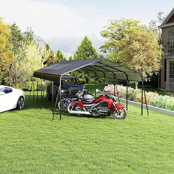 Metal Carport 13x26.5 ft Car Port, Heavy Duty Carports with Enhanced Base, Multi-Use Garage Shed for Car and Truck, Campcraft, Carport Kit with Galvanized Steel Frame & Roof (Dark Gray, 13 * 26.5FT)