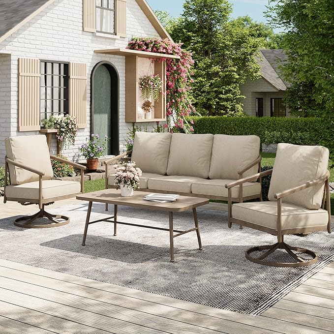 Outdoor Patio Furniture Set with Swivel Chairs, 4-Piece Steel Patio Outdoor Conversation Sets with Washable Thick Cushions, Windsor Outdoor Patio Sectional for Garden, Backyard, Balcony-Beige
