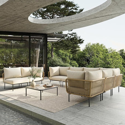 9 Piece Modern Outdoor Rope Wicker Sectional Patio L-Shaped Conversation Sofa Set Deep Seating with Thick Cushions
