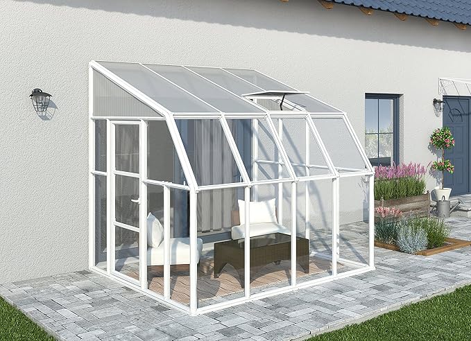 Palram Canopia Rion Sun Room 8 Ft. x 8 Ft. Solarium, Lean-to Greenhouse DIY Kit, Attach to House, Large Twin Wall Polycarbonate, 100% UV Protection for Porch, Patio Outdoors with Window Vent (White)