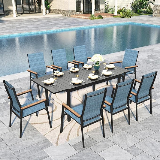 Sophia & William Patio Dining Set 9 Pieces, 8 Aluminium Patio Dining Chairs with 1 Extendable Dining Table for 6-8 Person, Patio Table and Chairs for Outdoor Lawn (Blue)