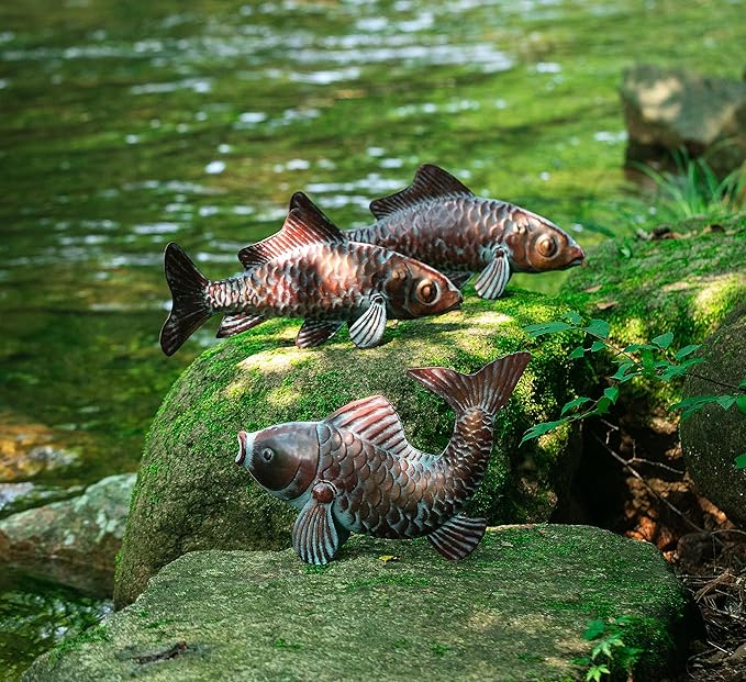 CLYB Outdoor Garden Sculptures & Statues Koi Fish Decor Antique Koi Garden Decor for Outside,Patio,Backyard,Pond,Home Decoration,Metal Fish Sculptures,Gardening Gifts for Women Mom Grandmom,Set of 3
