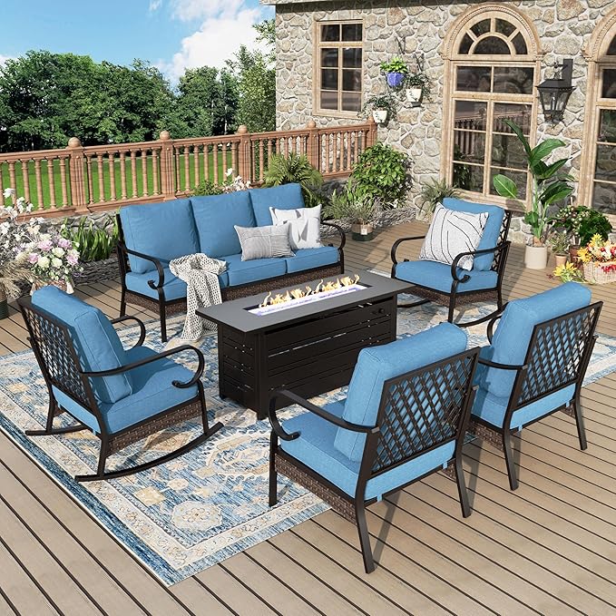 Patio Furniture Set with Firepit Table, Black Frame Outdoor Conversation Set with 2 x Fixed Chairs, 2 x Rocking Chairs, 1 x 3-Seat Sofa for Lawn Garden Backyard, Navy Blue