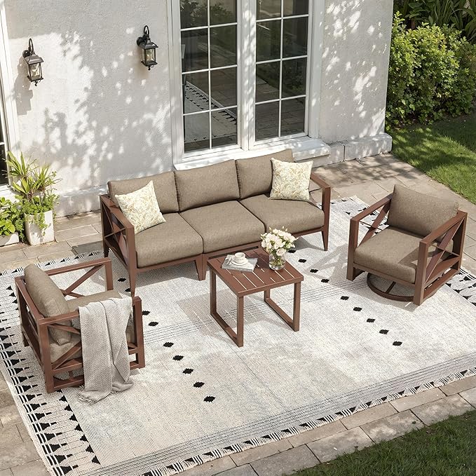 Aluminum Patio Furniture Set,5-Seats Patio Sectional Conversation Sofa with 6" All-Weather Cushions and 2 Swivel Rocking Chairs,Outdoor Furniture Set for Deck, Porch, Garden (Brown)
