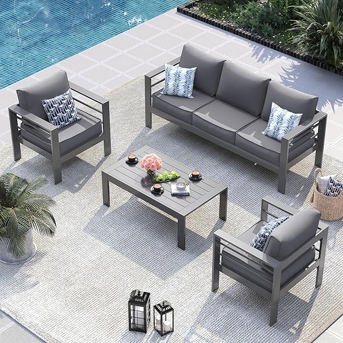 UDPATIO 6 Piece Aluminum Patio Furniture Set, Oversized Modern Outdoor Furniture Set with Olefin Fabric Cushion for Patio Deck Backyard, Dark Grey(with Waterproof Covers)