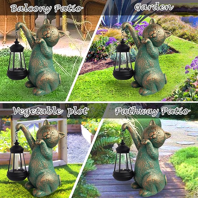 RCTTICUU Cat Garden Statue Outdoor Décor with Solar Lights Lantern,Cat Solar Light Figurines Outside Decorations for Yard，Lawn Patio, Balcony, Unique Housewarming Gifts