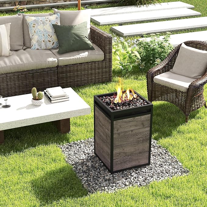 Afterglow Terrafab Grey Panels with Steel Frame 16" Square 40,000 Btu Propane Fire Column Outdoor Wood Effect Fire Pit for Outdoor Patio Garden Backyard Decking Decor CSA Certificated