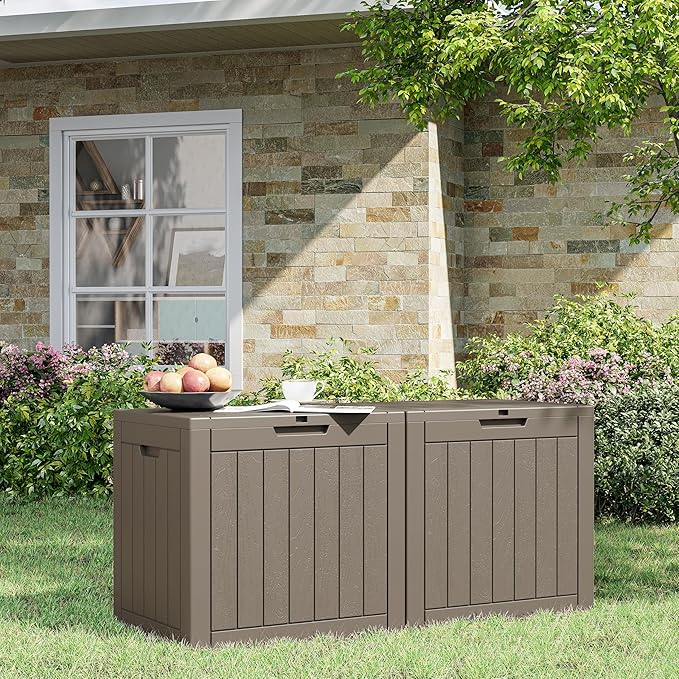 NUNU LAB 32 Gallon Outdoor Storage Box Waterproof, Outside Package Delivery Deck Boxes with Lockable Lid, Backyard Storage Bin For Garden Tools, Patio Cushions, Pool Accessories, Gray