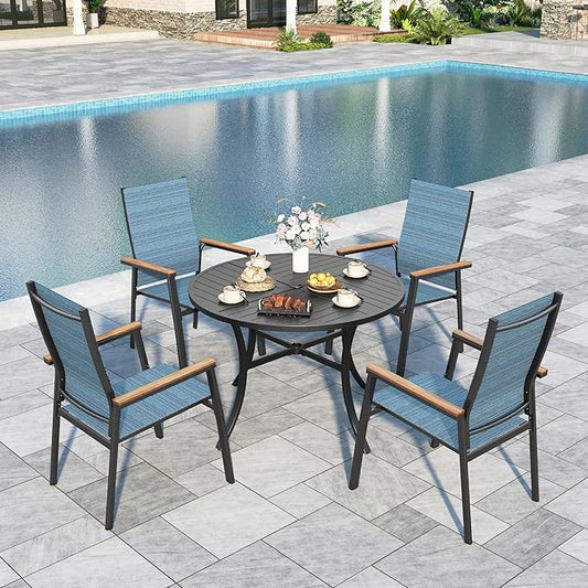 Sophia & William Patio Sets 5 Pieces, Lightweight Aluminum Dining Chairs with 42" Round Metal Dining Table, Stackable and Easy to Move for Lawn Garden Yard Porch (Blue)