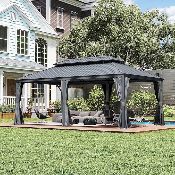 Domi 14x22FT Outdoor Gazebo, Hardtop Gazebo with Galvanized Steel Double Roof, Metal Gazebos with Drainage System Patio Pergola for Patio Deck Backyard,Curtain and Netting,Gray