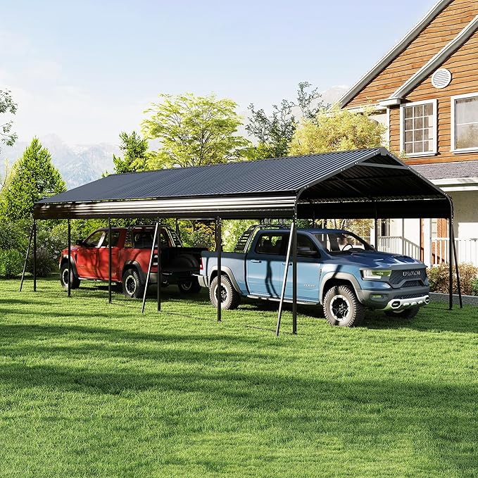 Metal Carport 13x26.5 ft Car Port, Heavy Duty Carports with Enhanced Base, Multi-Use Garage Shed for Car and Truck, Campcraft, Carport Kit with Galvanized Steel Frame & Roof (Dark Gray, 13 * 26.5FT)