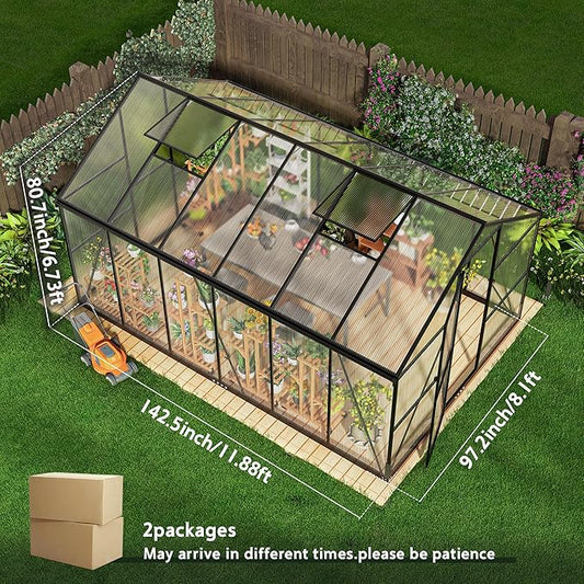 Wanan 12x8FT Greenhouses for Outdoors, Quick Assembly Polycarbonate Green House with UV Protection, Heavy Duty Windproof Aluminum Frame, Adjustable Roof Vent for Backyard or Outdoor Garden Use