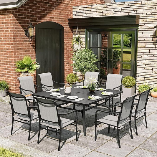 9 Piece Patio Dining Set, 8 x Textilene Dining Chairs, 60" Square Outdoor Dining Table with 1.57" Umbrella Hole, for Garden Lawn Porch and Backyard Poolside, Grey