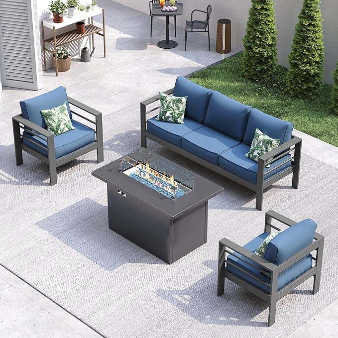 UDPATIO 8 Piece Aluminum Patio Furniture Set with Aluminum Fire Pit Table,Mordern Outdoor Furniture Set with Water-Proof Cover Included, Dark Grey/Navy
