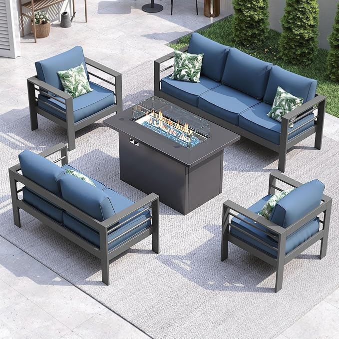 UDPATIO 6 Piece Aluminum Patio Furniture Set with Aluminum Fire Pit Table,Mordern Outdoor Furniture Set with Water-Proof Cover Included, Dark Grey/Navy