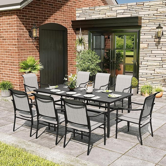 Patio Table and Chairs Set, 9 Pieces Patio Dining Set with 8 Textilene Chairs, and 83" Rectangular Outdoor Dining Table with Umbrella Hole for Garden Lawn Porch and Backyard Poolside, Grey