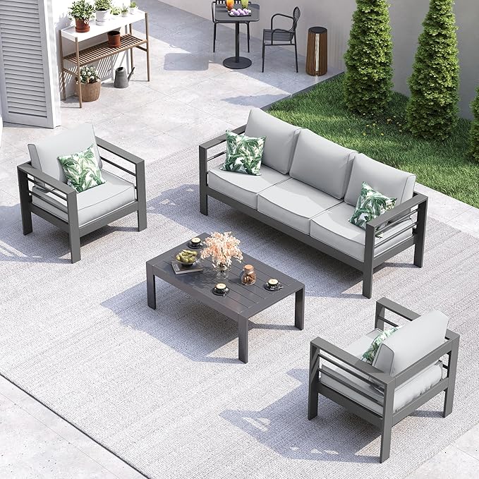 UDPATIO 6 Piece Aluminum Patio Furniture Set, Oversized Modern Outdoor Furniture Set with Olefin Fabric Cushion for Patio Deck Backyard, Grey(with Waterproof Covers)