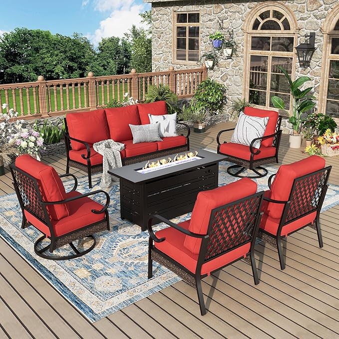 Patio Furniture Set with Firepit Table, Black Frame Outdoor Conversation Set with 2 x Fixed Chairs, 2 x Swivel Chairs, 1 x 3-Seat Sofa for Lawn Garden Backyard, Red