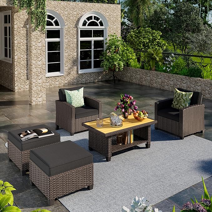 Outdoor Patio Sectional Sofa Set, 4-Piece Rattan Furniture, Patio Conversation Sets with Fire Pit, Swivel Sofa, Seats 2, Dark Grey