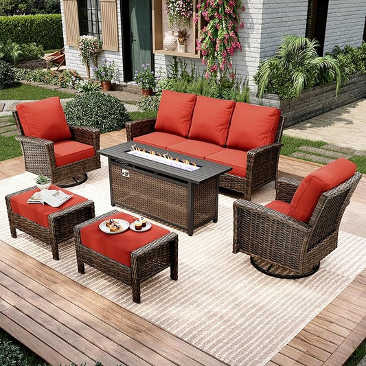 6-Piece Wicker Patio Furniture Set with Swivel Chairs, High Back Outdoor Furniture with Fire Pit Table and Ottoman, All-Weather Wicker Patio Conversation Set for Deck Yard Pool,Red