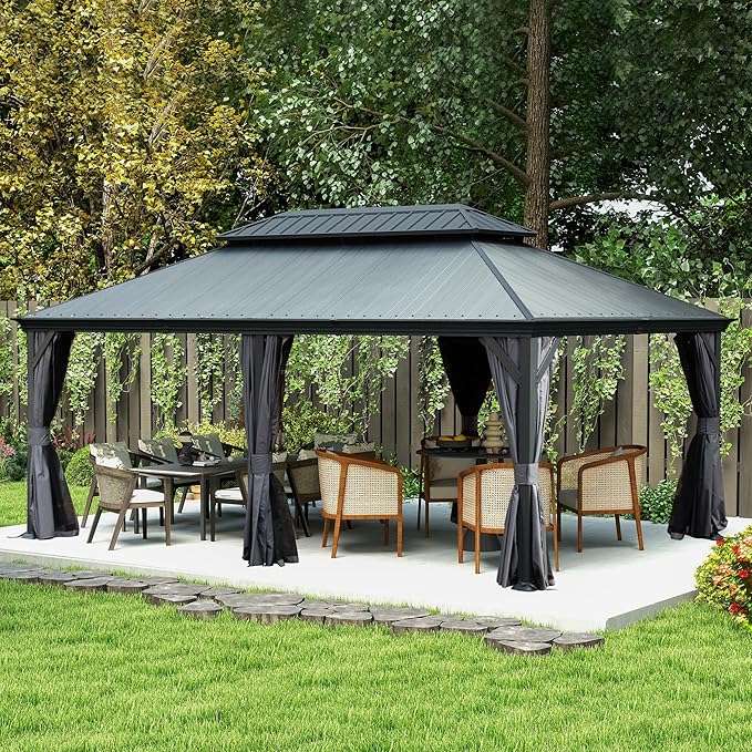 Domi 12' X 18' Hardtop Gazebo, Upgraded Metal Gazebo with Dual-Layer Resin Roof, Drainage System, Curtain and Netting, Outdoor Shelter Canopy for Patio, Garden, and Backyard, Grey