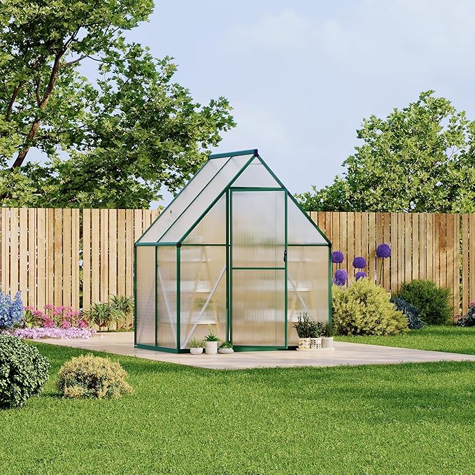 Polycarbonate Greenhouse for Outdoors, Large Walk-InGreenhouse with Quick Setup Structure and Roof Vent, Greenhouse with Ventilation