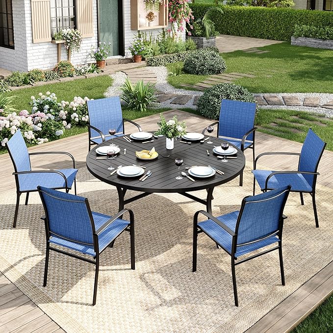 7 Pieces Outdoor Table and Chairs, Patio Dining Set for 6 Includes 54" Round Outdoor Table and 6 Patio Chair Set, Outdoor Dining Furniture Set for Lawn Backyard Deck, Blue
