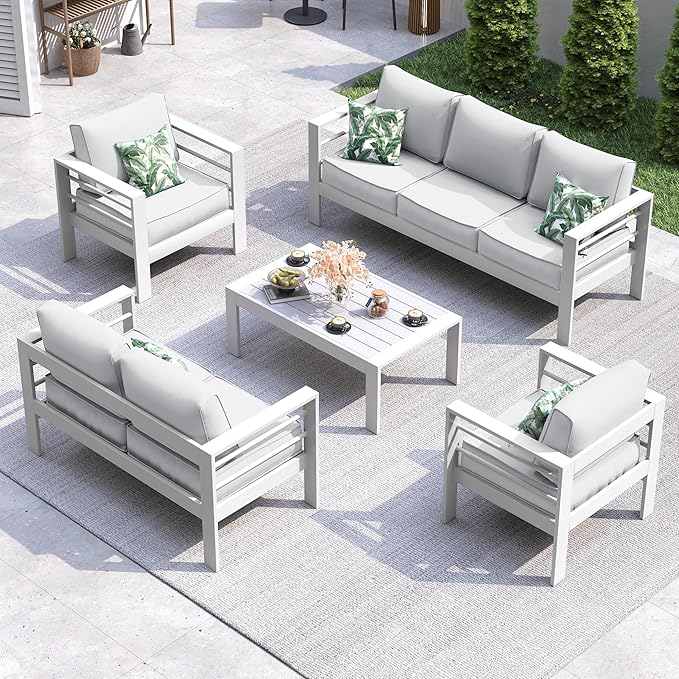UDPATIO 8 Piece Aluminum Patio Furniture Set, Oversized Modern Outdoor Furniture Set with Olefin Fabric Cushion for Patio Deck Backyard, White(with Waterproof Covers)