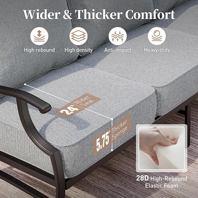 5 Piece Metal Outdoor Patio Furniture Set, Patio Conversation Sets 1 3-seater Sofa, 2 Fixed Chair, 2 Ottomans with 5.75" Thick Cushion, Black All-weather Frame Backyard Furniture, Gray