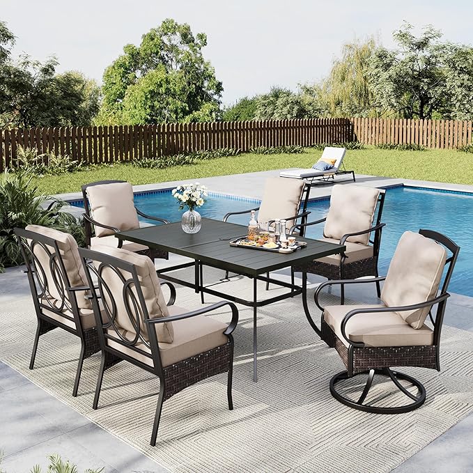 MFSTUDIO Outdoor Dining Set for 6, 60'' Patio Metal Table and Chairs, 6 Swivel & Fixed Chairs with Cushions & Rectangular Table, Heavy Duty Outdoor Dining Furniture for Deck, Backyard