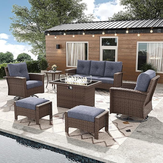 7 Pieces Outdoor Patio Furniture Set with Fire Pit Table, Wicker Patio Sectional Set Conversation Wicker Swivel Chairs with Small Side Table