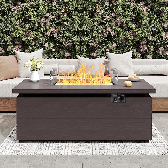 Sundale 51 Inch Outdoor Fire Pit Table, 50,000BTU Rectangle Propane Fire Pit with Sliding Tank Holder, Glass Wind Guard, Removable Lid, CSA Certified, Brown