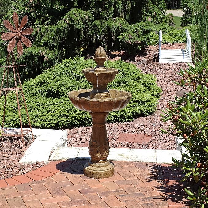 Sunnydaze Blooming Flower 38-Inch 2-Tier Outdoor Water Fountain with Electric Submersible Pump for Garden, Patio or Yard