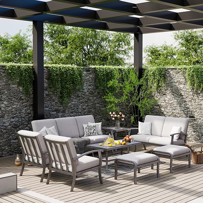 HAPPATIO 8 Piece Aluminum Patio Furniture Set, 3-Seat Outdoor Couch and Loveseat, All-Weather Outdoor Sectional Sofa with Armchairs and Ottomans, Garden Conversation Set with Tables(Gray)