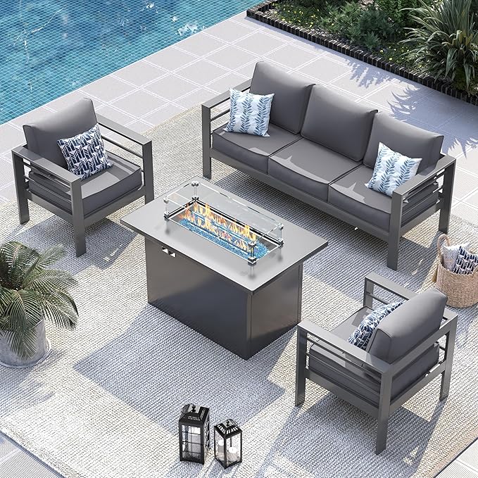 UDPATIO 8 Piece Aluminum Patio Furniture Set with Aluminum Fire Pit Table,Mordern Outdoor Furniture Set with Water-Proof Cover Included, Dark Grey