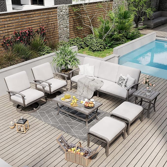 HAPPATIO 7 Piece Aluminum Patio Furniture Set, 3-Seat Outdoor Ottoman and Swivel Armchair, Outdoor Sectional Sofa with Side Table and Coffee Table, Garden Conversation Set for Lawn(Gray)