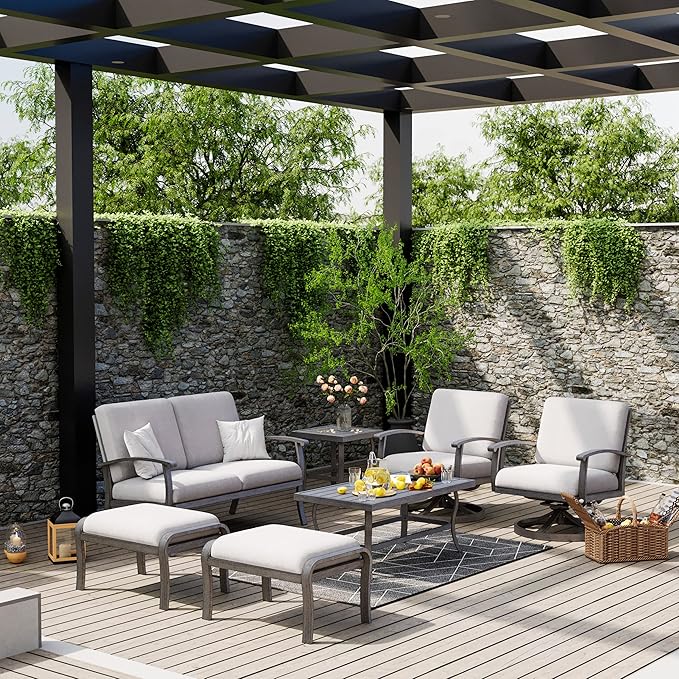 HAPPATIO 7 Piece Aluminum Patio Furniture Set, Outdoor Swivel Armchair with Loveseat, All-Weather Outdoor Sectional Sofa with Side Table and Coffee Table, Garden Conversation Set for Lawn(Gray)