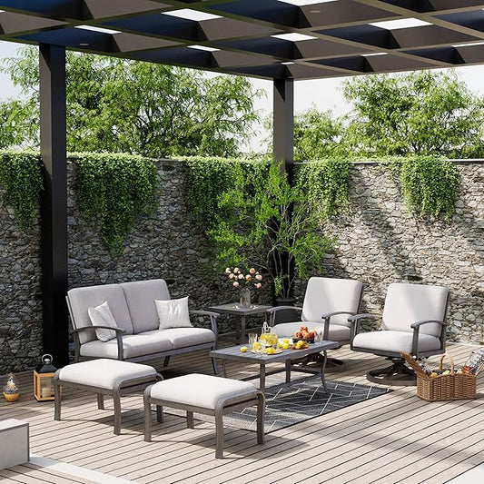 HAPPATIO 7 Piece Aluminum Patio Furniture Set, Outdoor Swivel Armchair with Loveseat, All-Weather Outdoor Sectional Sofa with Side Table and Coffee Table, Garden Conversation Set for Lawn(Gray)