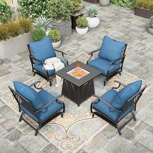 HERA'S HOUSE Patio Furniture Set with Fire Pit Table, 4 x Thick Cushioned Rocking Chairs, 1 x 28 Fire Pit Table (50,000 BTU), 5 Pieces Outdoor Conversation Set for Garden Backyard Lawn, Pacific Blue
