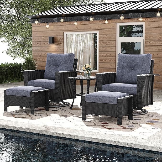 5 Pieces Outdoor Patio Furniture Set, Wicker Patio Sectional Set Conversation Wicker Swivel Chairs with Small Side Table