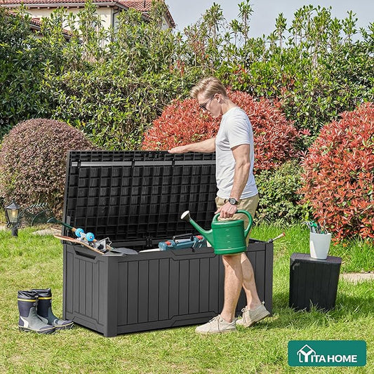 YITAHOME 120 Gallon Large Deck Box, Resin Outdoor Storage Box for Outdoor Pillows, Garden Tools and Pool Supplies, Waterproof, Lockable, Dark Gray