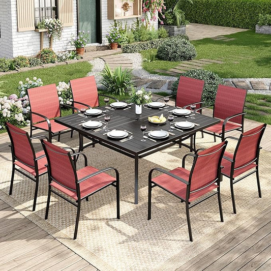 9 Pieces Patio Table and Chairs Set, Patio Dining Set for 8, 8 Red Textilene Chairs and 1 Large Square Patio Dining Table with Umbrella Hole, for Deck Backyard Lawn Poolside