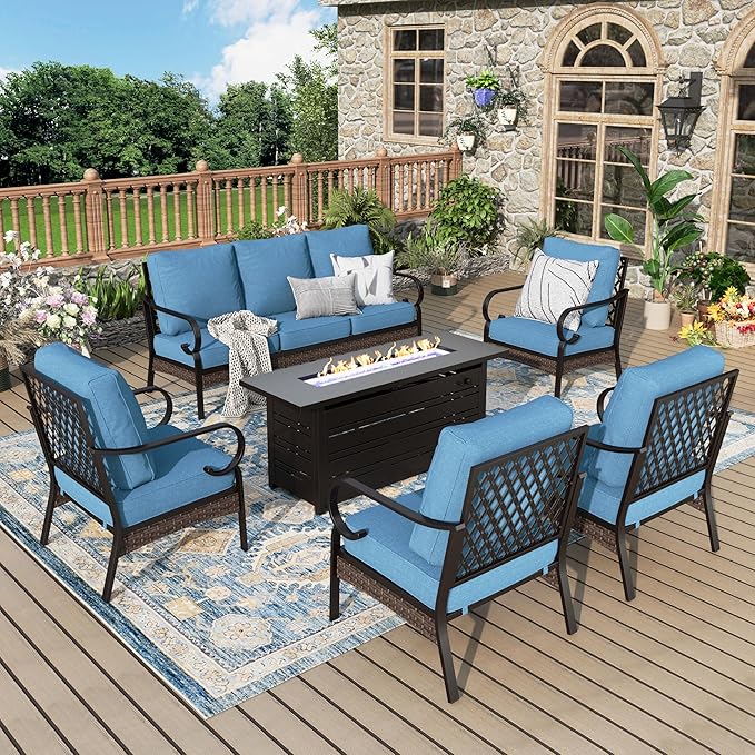 Patio Furniture Set with Firepit Table, Black Frame Outdoor Conversation Set with 4 x Fixed Chairs, 1 x 3-Seat Sofa for Lawn Garden Backyard, Navy Blue