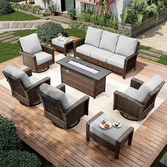 8-Piece Wicker Patio Furniture Set with 57'' Fire Pit Table, High Back Outdoor Furniture with Swivel Chairs and Ottoman, All-Weather Wicker Patio Conversation Set for Deck Yard Pool, Grey