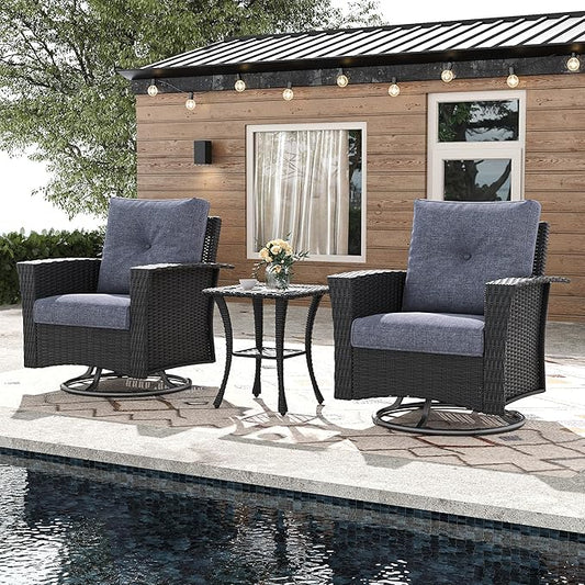 3 Pieces Outdoor Patio Furniture Set, Wicker Patio Sectional Set Conversation Wicker Swivel Chairs with Small Side Table