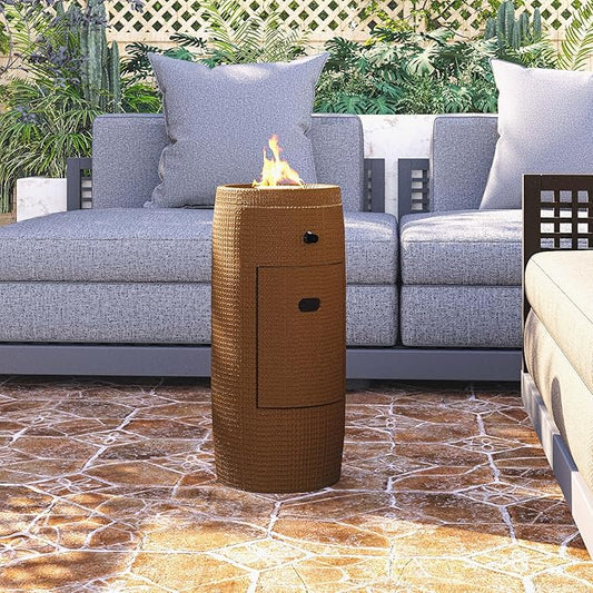 HOMPUS Propane Patio Fire Pit, Lava Rocks and Rain Cover for Outdoor Leisure Party,15,000 BTU 11-inch Round Column Small and Portable Concrete Gas Brown Fire Pit for Deck or Backyard, CSA Certified